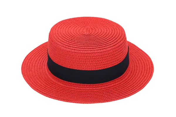 Sombrero Paja Rojo Aislado Sobre Fondo Blanco — Foto de Stock