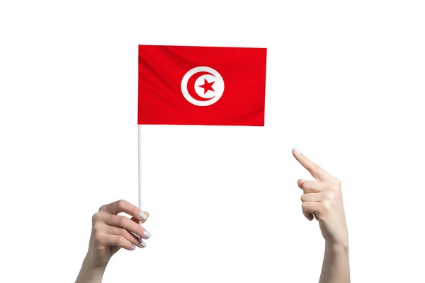 Vacker Kvinnlig Hand Håller Tunisien Flagga Som Hon Visar Fingret — Stockfoto