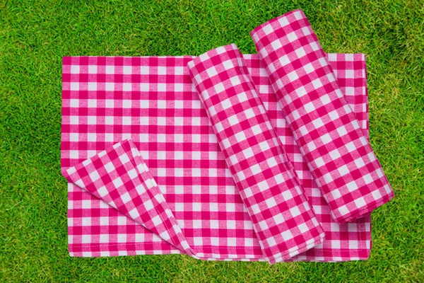 Coperta Picnic Rossa Panno Picnic Quadretti Rossi Erba Lussureggiante Inondata — Foto Stock