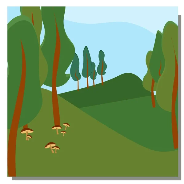 Paisaje Vector Primavera Paisaje Con Montañas Árboles Setas Bosque Hills — Foto de Stock