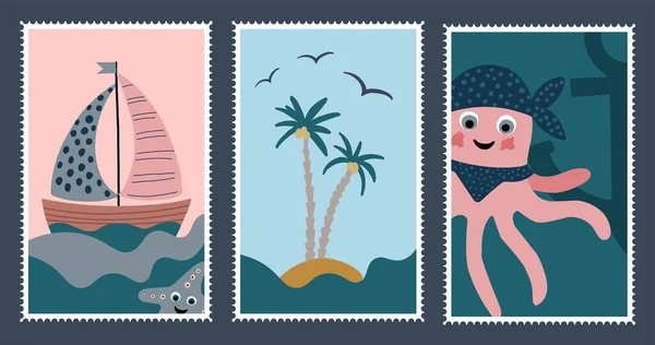 海洋主题的邮资邮票 小船儿童的插图 儿童贴纸 矢量说明 — 图库照片