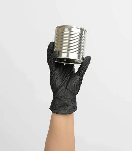 Metal Tin Can Female Hand White Background Close — Stock Photo, Image