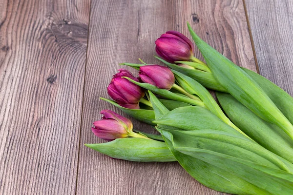 Das Foto Zeigt Eine Violette Tulpe Auf Einem Holztisch — Stockfoto