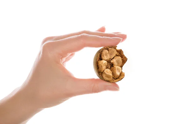 Hand Holding Handful Almonds Isolated White Background — Stock Photo, Image