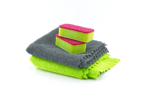 Chiffons Éponges Colorés Microfibre Isolés Sur Fond Blanc Produits Nettoyage — Photo