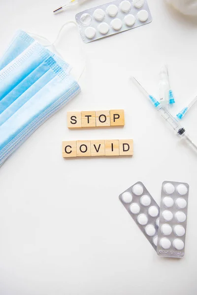 Pare Inscrição Coronavírus Preparação Para Vacinação Contra Covid Seringa Vacina — Fotografia de Stock