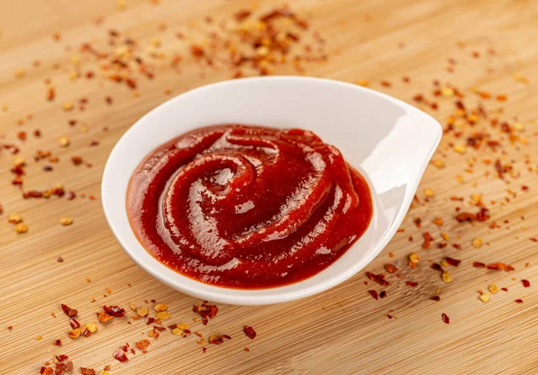 Tomato Ketchup Small White Bowl Bamboo Background — Stock Photo, Image