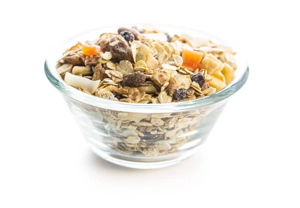 Cereales Beakfast Tazón Muesli Saludable Con Copos Avena Nueces Pasas — Foto de Stock