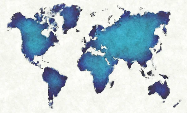 Mappa Del Mondo Con Linee Tracciate Illustrazione Acquerello Blu — Foto Stock