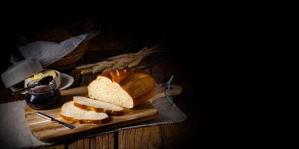 Bread Cheese Wooden Board — Stock Photo, Image