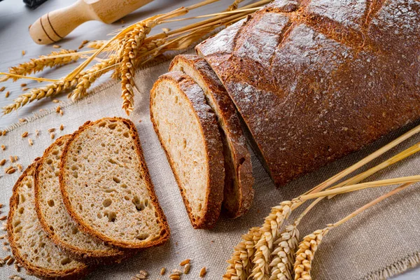 Fresh Bread Wheat Ears Wooden Background — Stock Photo, Image