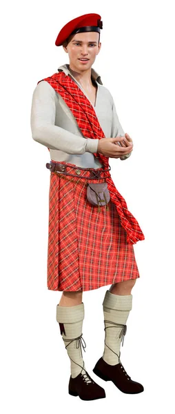 Rendering Young Highlander Wearing Traditional Scottish Kilt Isolated White Background — Stock Photo, Image