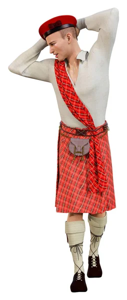 Renderização Jovem Highlander Vestindo Kilt Escocês Tradicional Isolado Fundo Branco — Fotografia de Stock