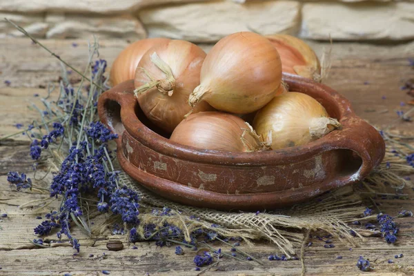 Fresh Onions Clay Pot Lavender Flowers Wooden Background — Stock Photo, Image