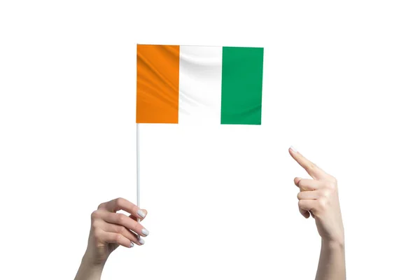 Beautiful Female Hand Holds Cote Ivoire Flag Which She Shows — Stock Photo, Image