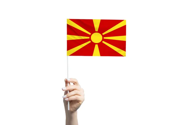 Bela Mão Feminina Segurando Bandeira Macedônia Norte Isolada Fundo Branco — Fotografia de Stock