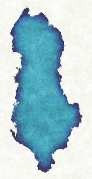 阿尔巴尼亚地图 附有绘制的线条和蓝色水彩画 — 图库照片