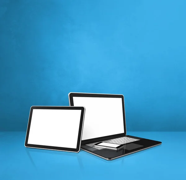 Laptop Handy Und Digitaler Tablet Auf Blauem Bürotisch Illustration — Stockfoto