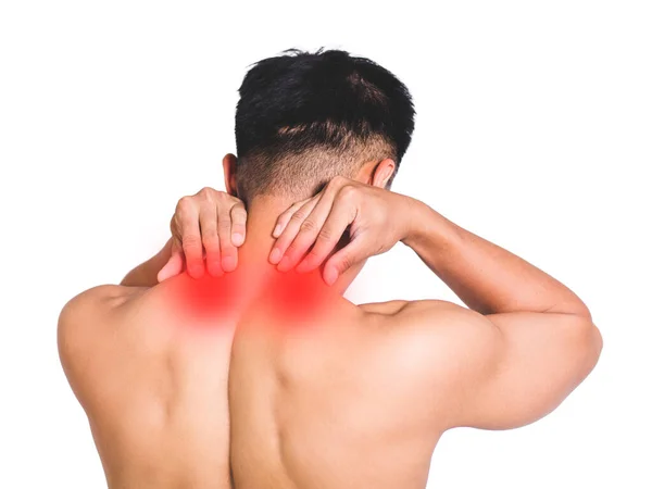 Rear View Young Man Holding Her Neck Pain Isolated White — Stock Photo, Image