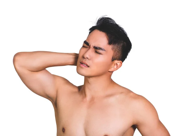 Young Man Holding Her Neck Pain Isolated White — Stock Photo, Image