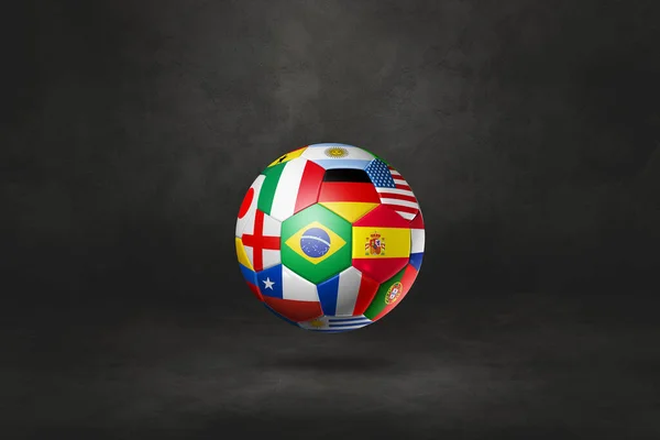 足球球 国旗隔离在一个黑色工作室的背景 3D插图 — 图库照片