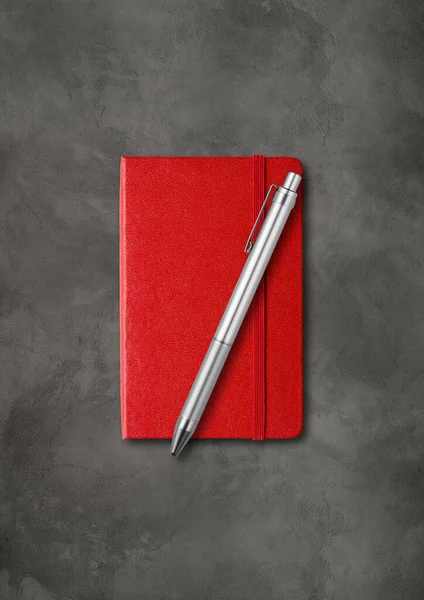 Red Closed Notebook Pen Mockup Isolated Dark Concrete Background — Stock Photo, Image