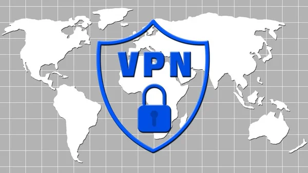 Modré Logo Vpn Štítu Visacím Zámkem Nad Mřížkou Bílou Mapou — Stock fotografie