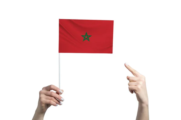 Beautiful Female Hand Holds Morocco Flag Which She Shows Finger — Stock Photo, Image