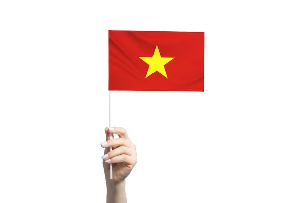 Vacker Kvinnlig Hand Håller Vietnam Flagga Isolerad Vit Bakgrund — Stockfoto