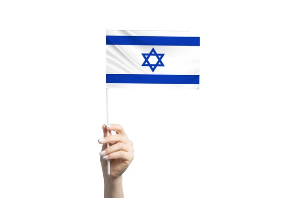 Vacker Kvinnlig Hand Håller Israel Flagga Isolerad Vit Bakgrund — Stockfoto