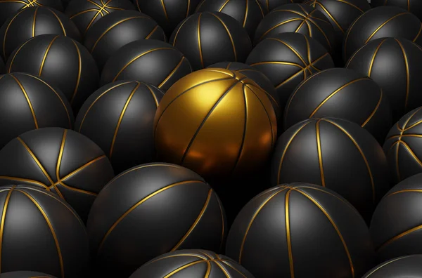 Mnoho Černých Basketbalových Míčků Jedním Zlatým Basketbalem Vyniká Být Jedinečný — Stock fotografie