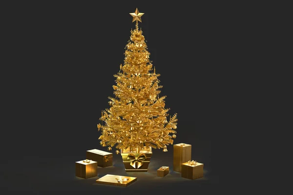装饰过的金色圣诞树和礼品盒 3D渲染 — 图库照片