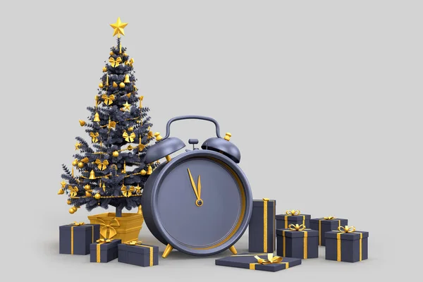 Árbol Navidad Con Cajas Regalo Reloj Despertador Muestra Medianoche Renderizado — Foto de Stock