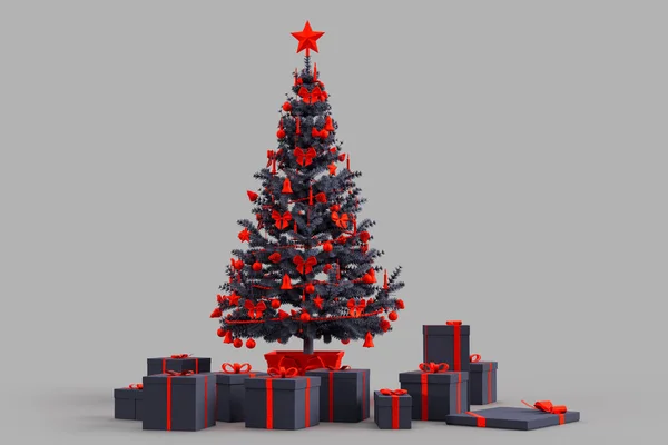 Díszített Karácsonyfa Ajándékdobozokkal Renderelés — Stock Fotó