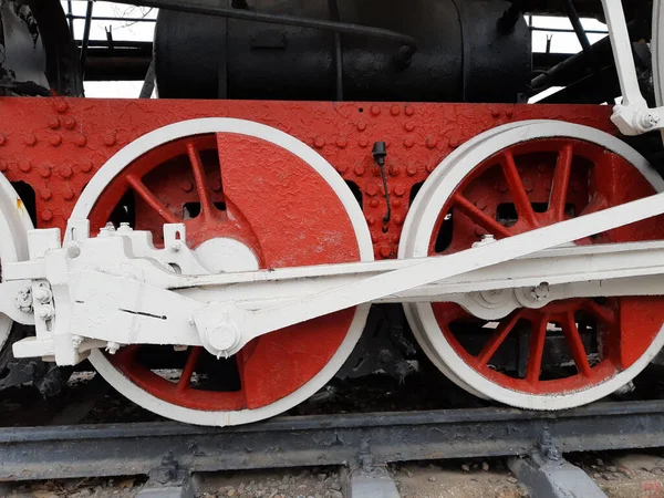 Wheels Old Steam Locomotive Rails Close — Stock Photo, Image