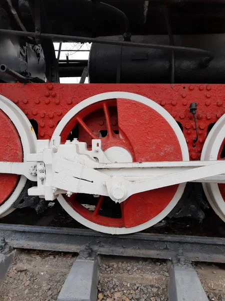 Wheels Old Steam Locomotive Rails Close — Stock Photo, Image