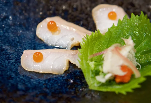 Aburi White Fish Sliced Top Salmon Roe Served Dark Blue — Stock Photo, Image