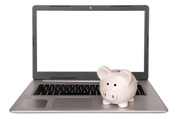 Banco Porquinho Com Laptop Fundo Branco — Fotografia de Stock