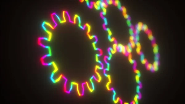 Komputerowe Neonowe Przekładnie Obracają Się Powoli Ciemnym Tle Renderowanie Mechanizmu — Zdjęcie stockowe