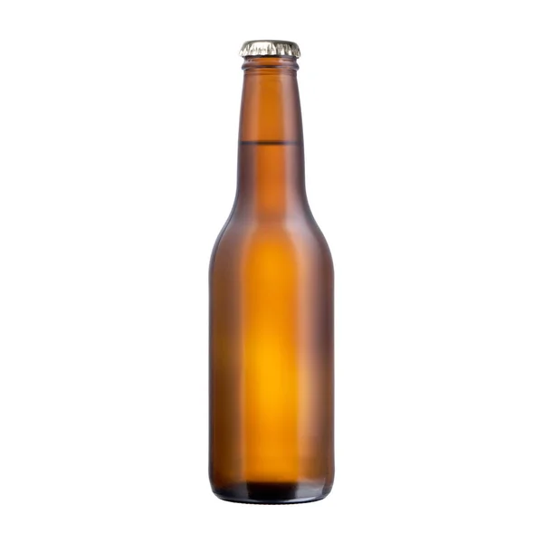 Frasco Vidro Marrom Cheio Cerveja Com Tampa Isolada Fundo Branco — Fotografia de Stock