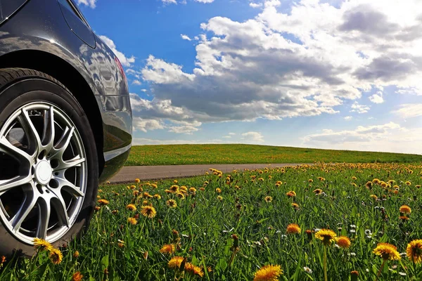 Eine Autofahrt Die Natur Ein Schwarzes Auto Steht Frühling Auf — Stockfoto