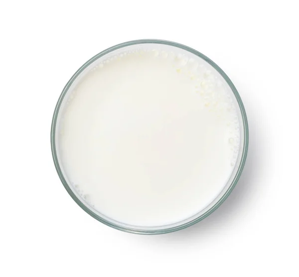 Melk Een Glas Geplaatst Een Witte Achtergrond Uitzicht Van Bovenaf — Stockfoto