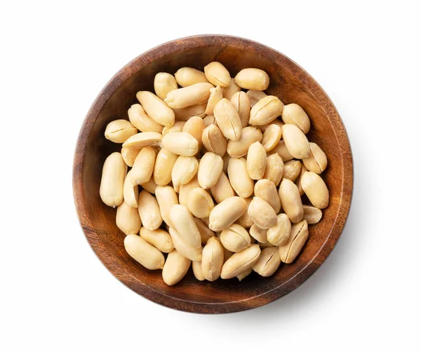 Amendoins Uma Tigela Madeira Definida Contra Fundo Branco Vista Diretamente — Fotografia de Stock