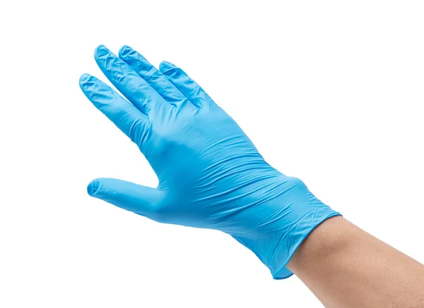 Hand Blauen Handschuhen Isoliert Auf Weißem Hintergrund — Stockfoto