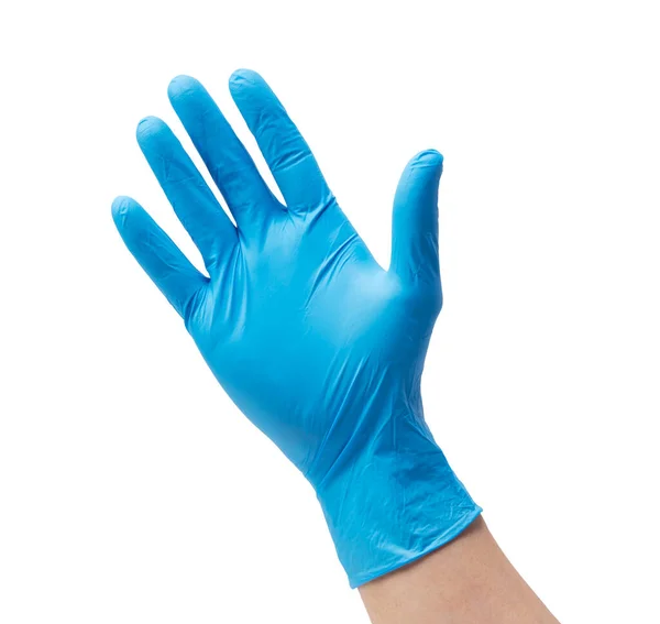 Hand Hand Blauwe Handschoen Toont Een Rubberen Handschoenen Geïsoleerd Witte — Stockfoto