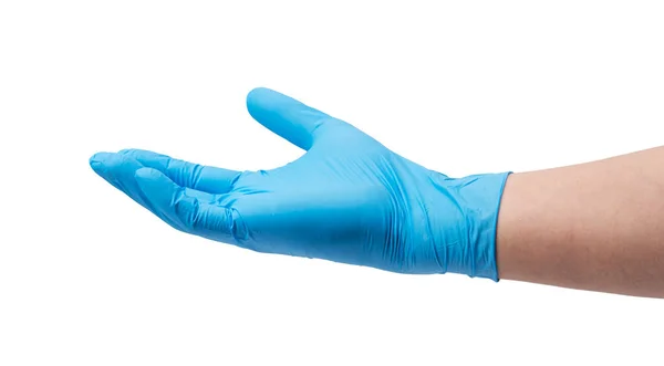 Arzt Hand Blauen Handschuhen Isoliert Auf Weißem Hintergrund — Stockfoto