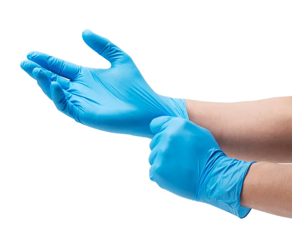 Dwie Ręce Mężczyzny Rękawiczkach Nitrylowych Białym Tle — Zdjęcie stockowe