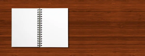 Blanco Open Spiraal Notebook Mockup Geïsoleerd Donker Hout Horizontale Banner — Stockfoto