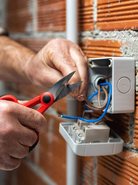 Electrician Worker Work Scissors Prepares Electrical Cables Residential Electrical System — Stock Photo, Image