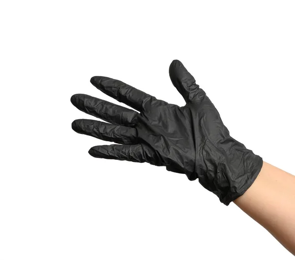 Weibliche Hand Einem Schwarzen Latex Handschuh Auf Weißem Hintergrund Handfläche — Stockfoto